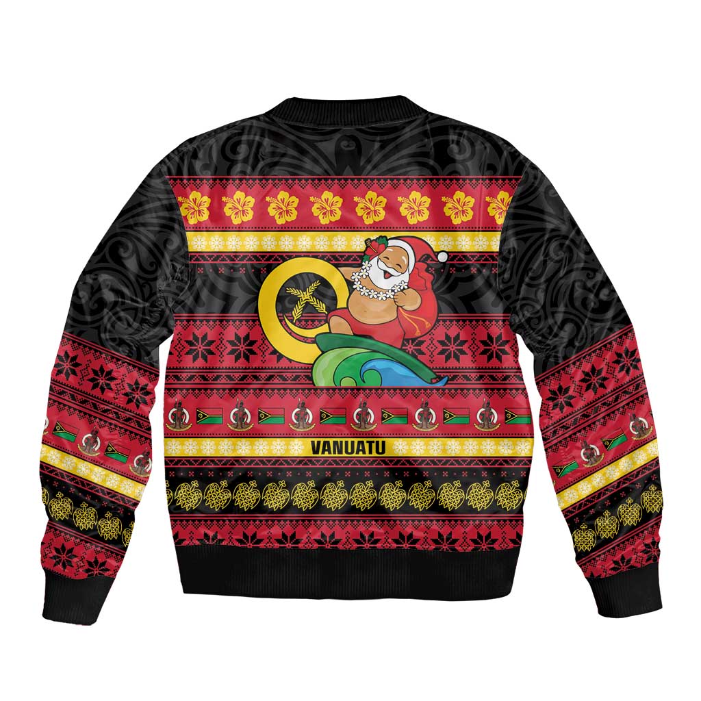Vanuatu Christmas Bomber Jacket Joyeux Noel Surfing Santa With Boar Tusk - Polynesian Pride