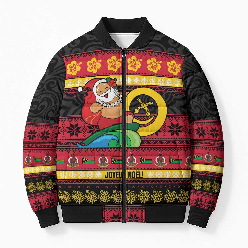Vanuatu Christmas Bomber Puffer Jacket Joyeux Noel Surfing Santa With Boar Tusk LT14 Unisex Red - Polynesian Pride