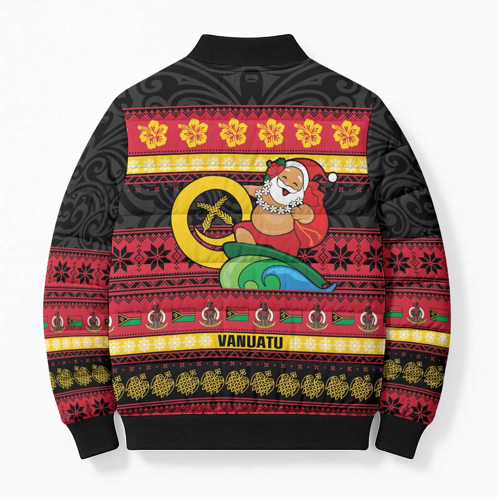 Vanuatu Christmas Bomber Puffer Jacket Joyeux Noel Surfing Santa With Boar Tusk LT14 - Polynesian Pride