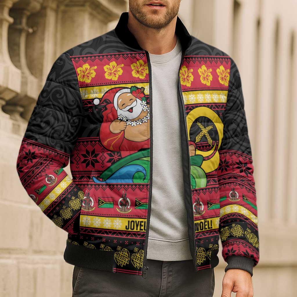 Vanuatu Christmas Bomber Puffer Jacket Joyeux Noel Surfing Santa With Boar Tusk LT14 - Polynesian Pride