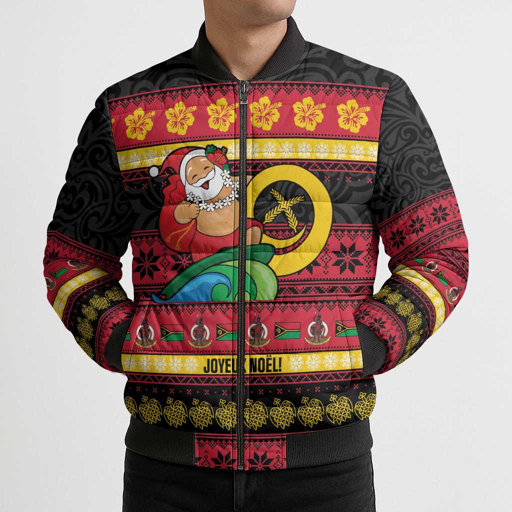 Vanuatu Christmas Bomber Puffer Jacket Joyeux Noel Surfing Santa With Boar Tusk LT14 - Polynesian Pride
