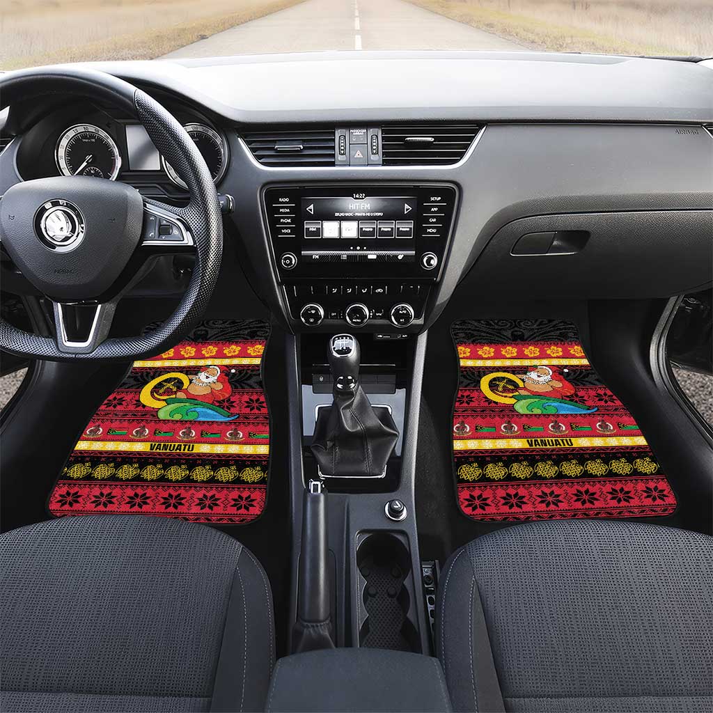 Vanuatu Christmas Car Mats Joyeux Noel Surfing Santa With Boar Tusk LT14 Set 2pcs - Front Red - Polynesian Pride