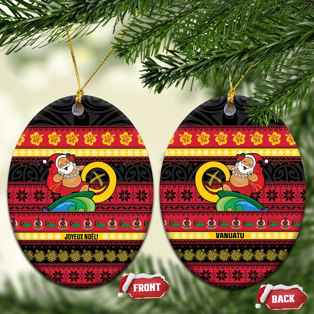 Vanuatu Christmas Ceramic Ornament Joyeux Noel Surfing Santa With Boar Tusk LT14 Oval Red - Polynesian Pride