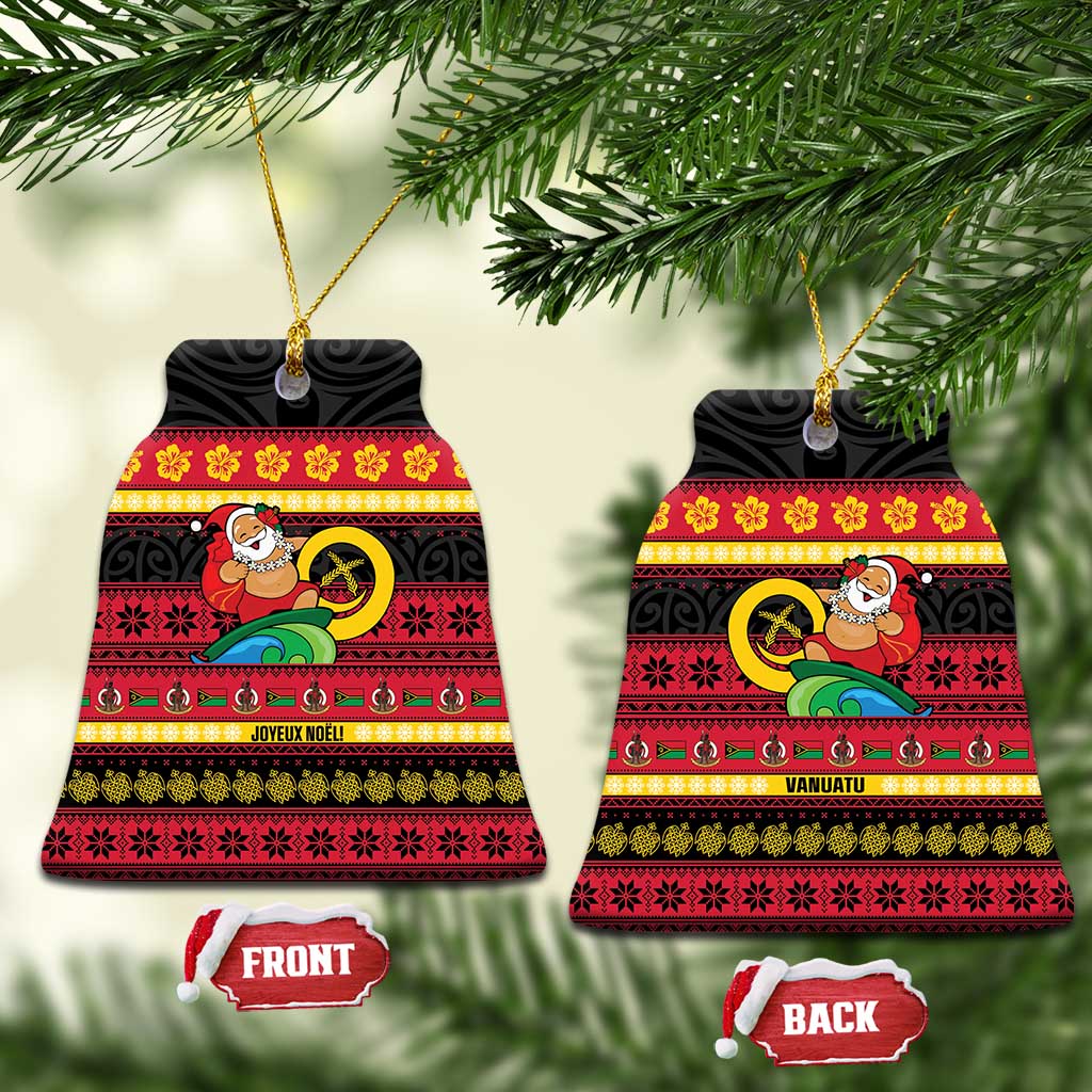 Vanuatu Christmas Ceramic Ornament Joyeux Noel Surfing Santa With Boar Tusk LT14 Bell Flake Red - Polynesian Pride