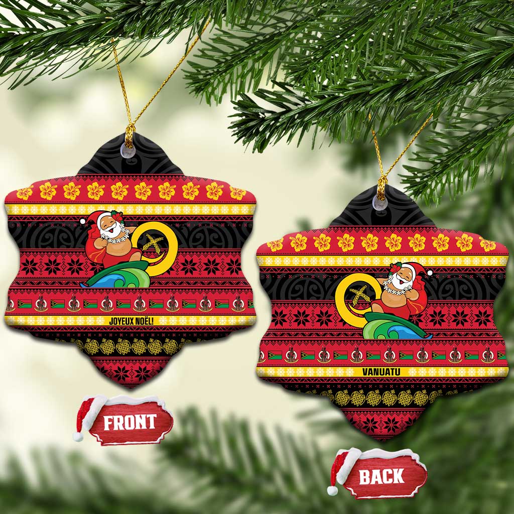 Vanuatu Christmas Ceramic Ornament Joyeux Noel Surfing Santa With Boar Tusk LT14 Snow Flake Red - Polynesian Pride