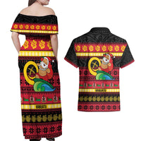 Vanuatu Christmas Couples Matching Off Shoulder Maxi Dress and Hawaiian Shirt Joyeux Noel Surfing Santa With Boar Tusk - Polynesian Pride