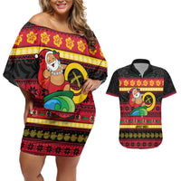 Vanuatu Christmas Couples Matching Off Shoulder Short Dress and Hawaiian Shirt Joyeux Noel Surfing Santa With Boar Tusk - Polynesian Pride