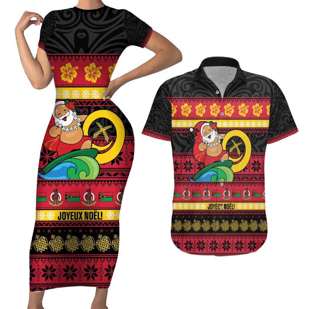 Vanuatu Christmas Couples Matching Short Sleeve Bodycon Dress and Hawaiian Shirt Joyeux Noel Surfing Santa With Boar Tusk - Polynesian Pride
