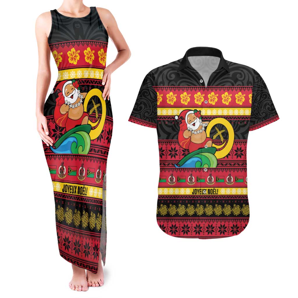 Vanuatu Christmas Couples Matching Tank Maxi Dress and Hawaiian Shirt Joyeux Noel Surfing Santa With Boar Tusk - Polynesian Pride