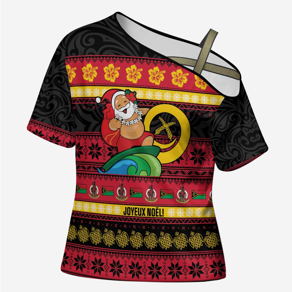 Vanuatu Christmas Cross Shoulder Shirt Joyeux Noel Surfing Santa With Boar Tusk LT14 Female Red - Polynesian Pride