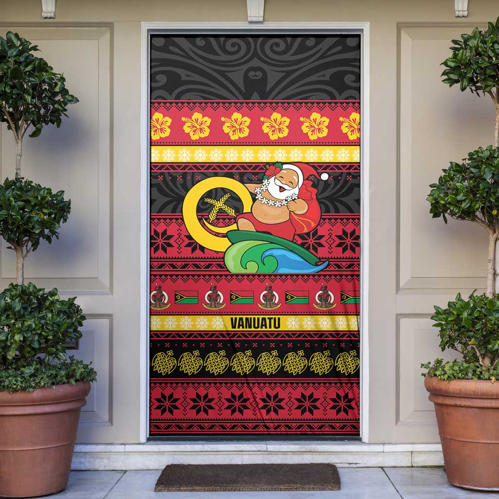 Vanuatu Christmas Door Cover Joyeux Noel Surfing Santa With Boar Tusk - Polynesian Pride