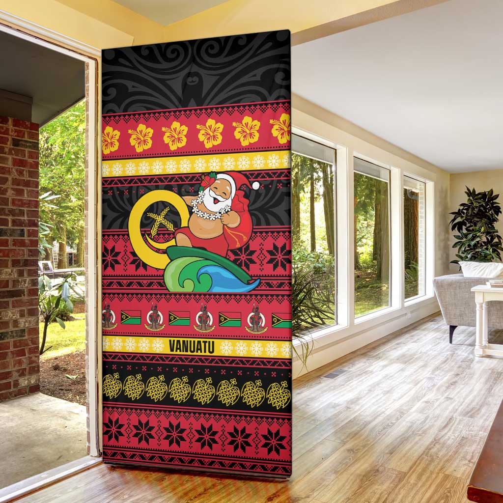 Vanuatu Christmas Door Cover Joyeux Noel Surfing Santa With Boar Tusk - Polynesian Pride