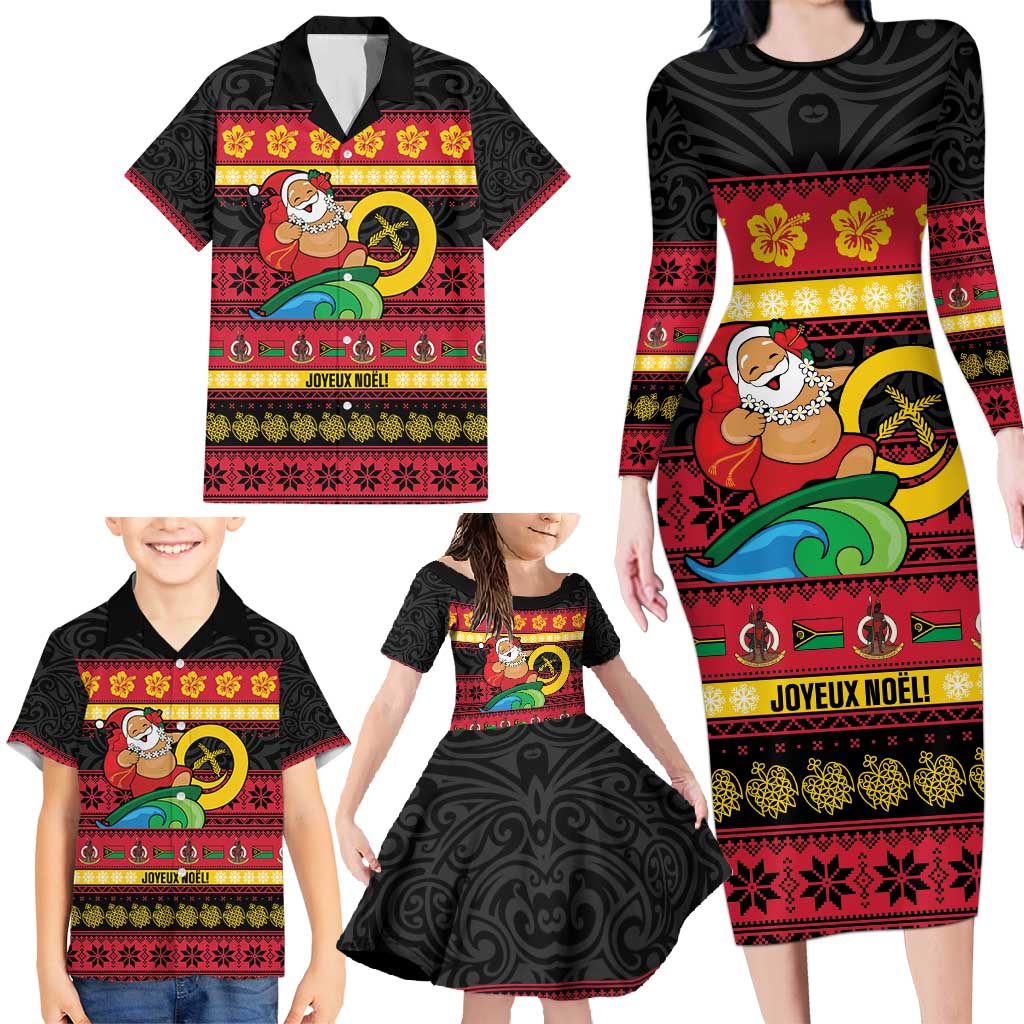 Vanuatu Christmas Family Matching Long Sleeve Bodycon Dress and Hawaiian Shirt Joyeux Noel Surfing Santa With Boar Tusk - Polynesian Pride