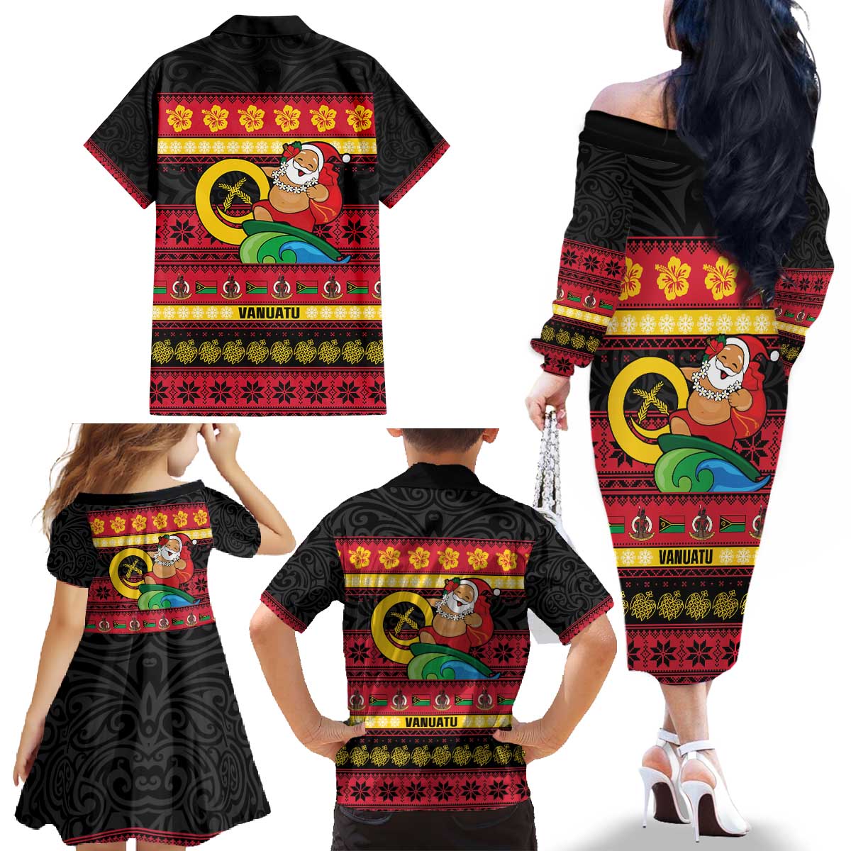 Vanuatu Christmas Family Matching Off The Shoulder Long Sleeve Dress and Hawaiian Shirt Joyeux Noel Surfing Santa With Boar Tusk - Polynesian Pride
