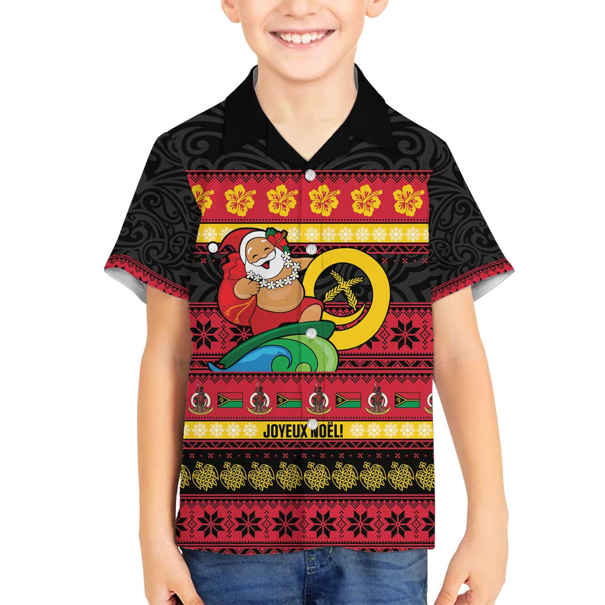 Vanuatu Christmas Family Matching Off The Shoulder Long Sleeve Dress and Hawaiian Shirt Joyeux Noel Surfing Santa With Boar Tusk - Polynesian Pride