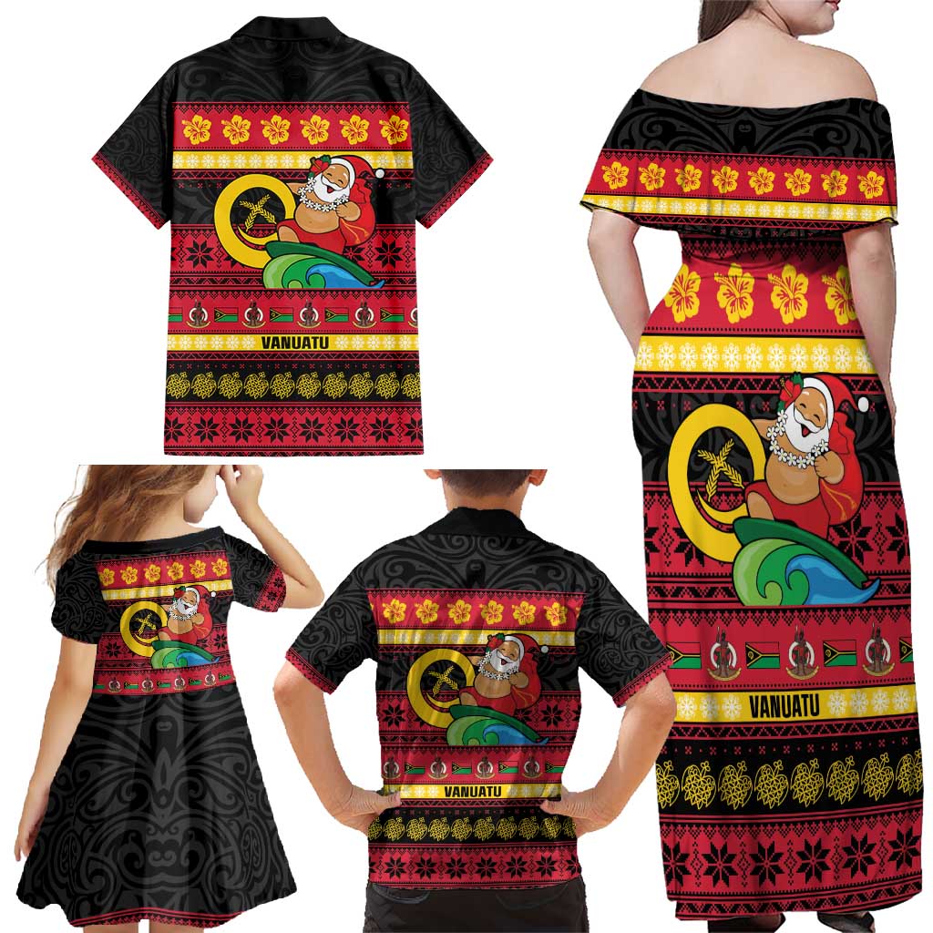 Vanuatu Christmas Family Matching Off Shoulder Maxi Dress and Hawaiian Shirt Joyeux Noel Surfing Santa With Boar Tusk - Polynesian Pride