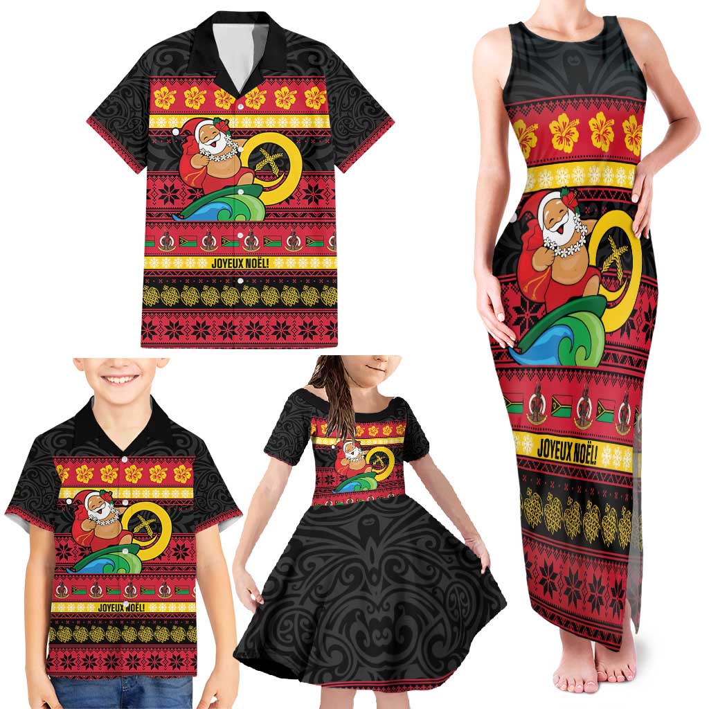 Vanuatu Christmas Family Matching Tank Maxi Dress and Hawaiian Shirt Joyeux Noel Surfing Santa With Boar Tusk - Polynesian Pride
