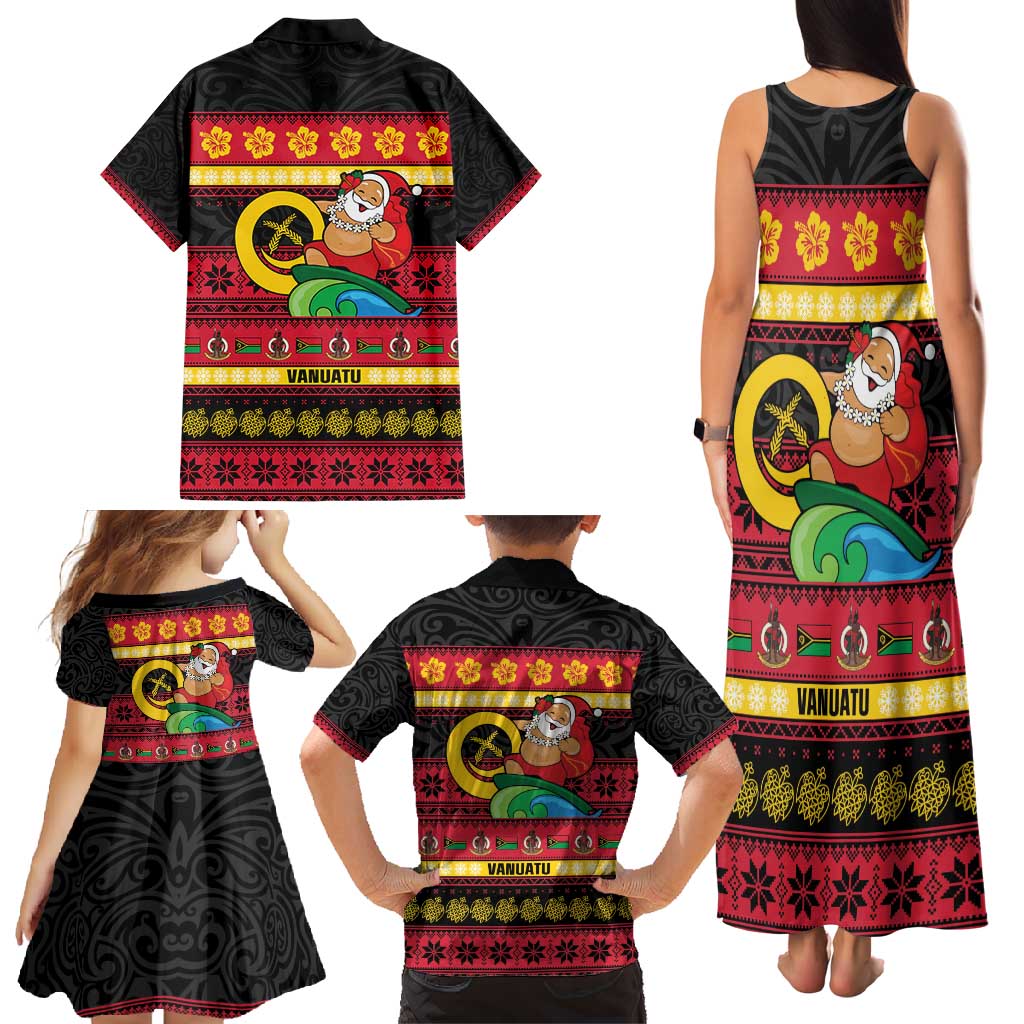 Vanuatu Christmas Family Matching Tank Maxi Dress and Hawaiian Shirt Joyeux Noel Surfing Santa With Boar Tusk - Polynesian Pride