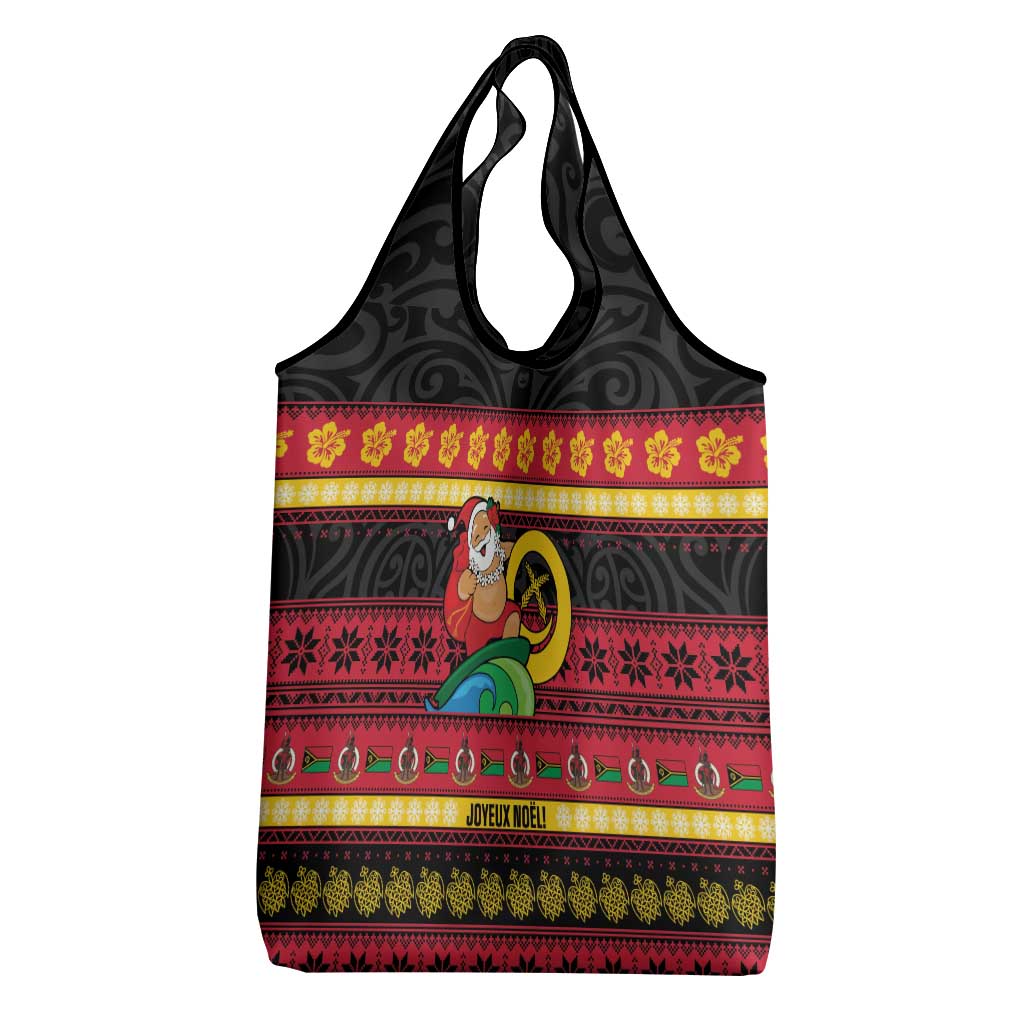 Vanuatu Christmas Grocery Bag Joyeux Noel Surfing Santa With Boar Tusk - Polynesian Pride