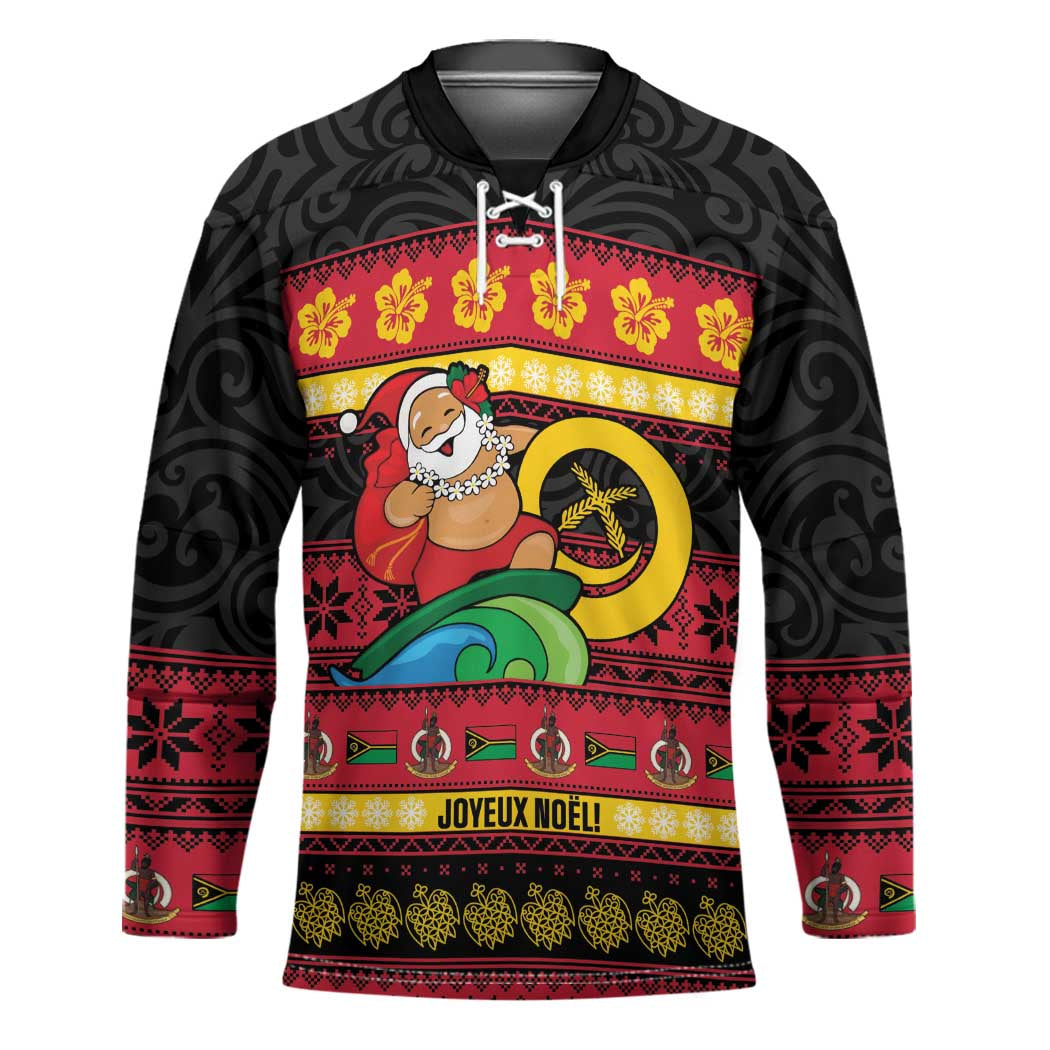 Vanuatu Christmas Hockey Jersey Joyeux Noel Surfing Santa With Boar Tusk LT14 Unisex Red - Polynesian Pride