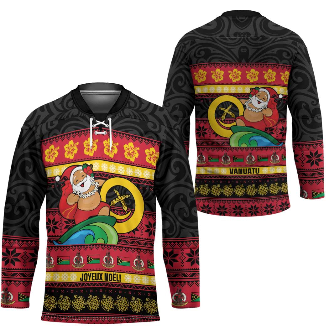 Vanuatu Christmas Hockey Jersey Joyeux Noel Surfing Santa With Boar Tusk LT14 - Polynesian Pride