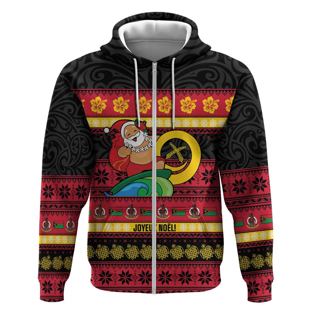Vanuatu Christmas Hoodie Joyeux Noel Surfing Santa With Boar Tusk - Polynesian Pride