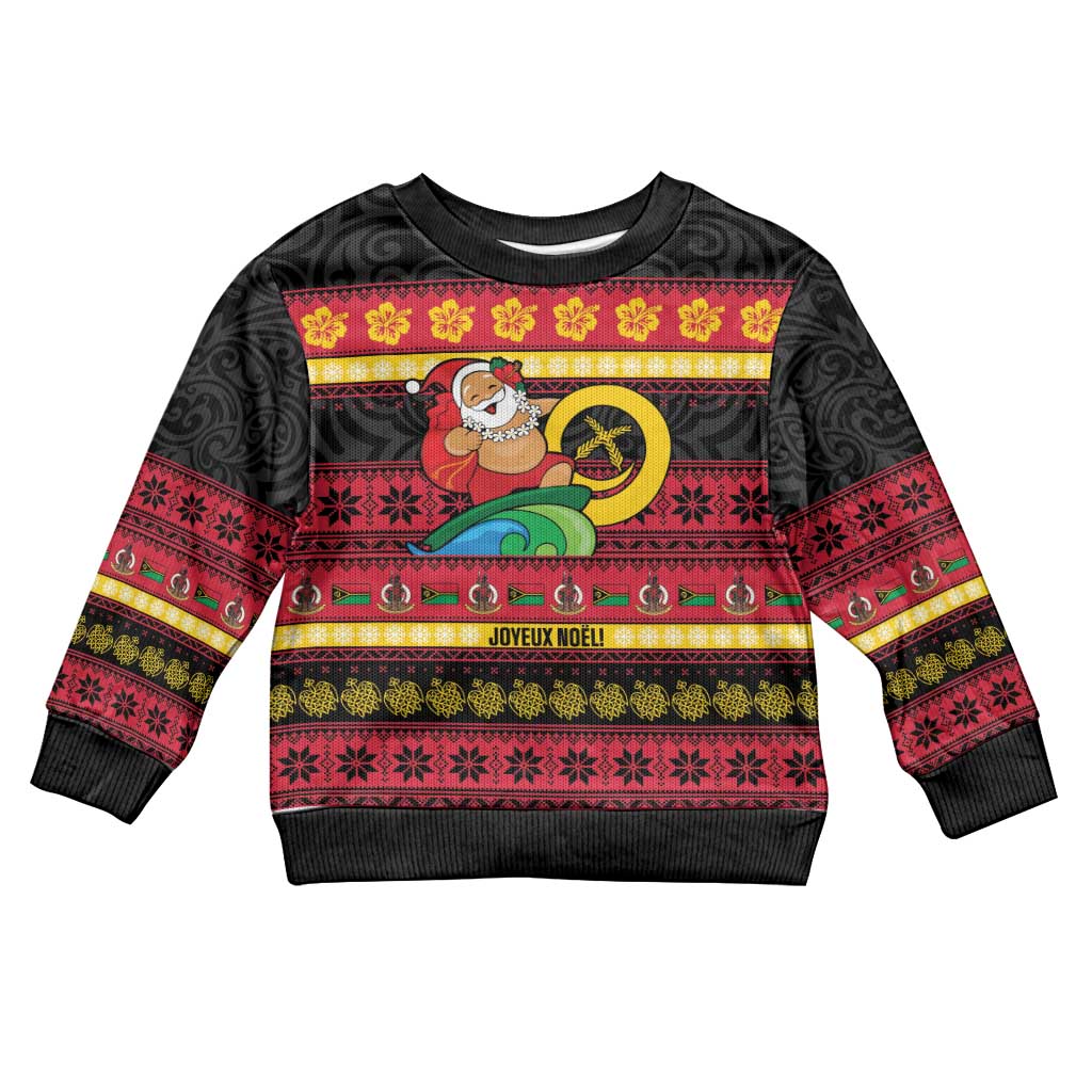 Vanuatu Christmas Kid Ugly Christmas Sweater Joyeux Noel Surfing Santa With Boar Tusk - Polynesian Pride