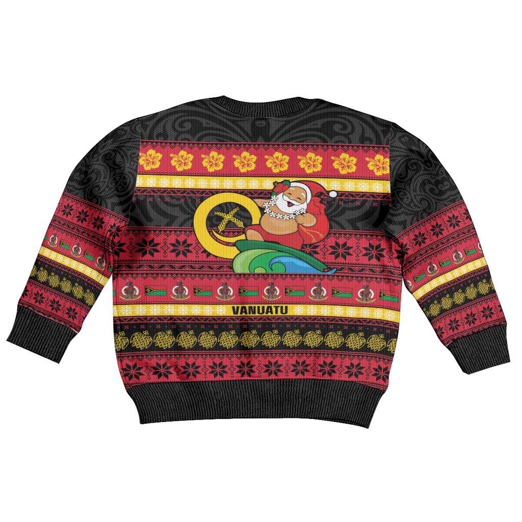 Vanuatu Christmas Kid Ugly Christmas Sweater Joyeux Noel Surfing Santa With Boar Tusk - Polynesian Pride