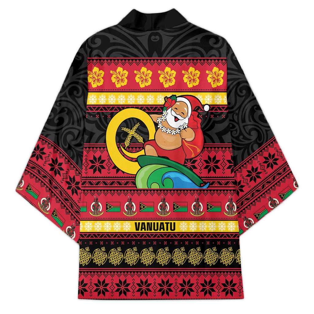 Vanuatu Christmas Kimono Joyeux Noel Surfing Santa With Boar Tusk - Polynesian Pride