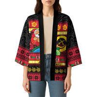 Vanuatu Christmas Kimono Joyeux Noel Surfing Santa With Boar Tusk - Polynesian Pride