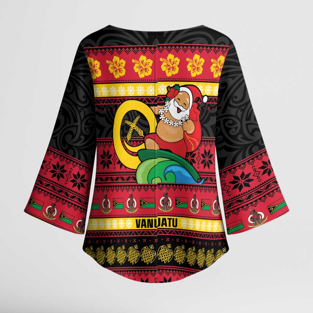 Vanuatu Christmas Kimono Sleeve Blouse Joyeux Noel Surfing Santa With Boar Tusk LT14 - Polynesian Pride