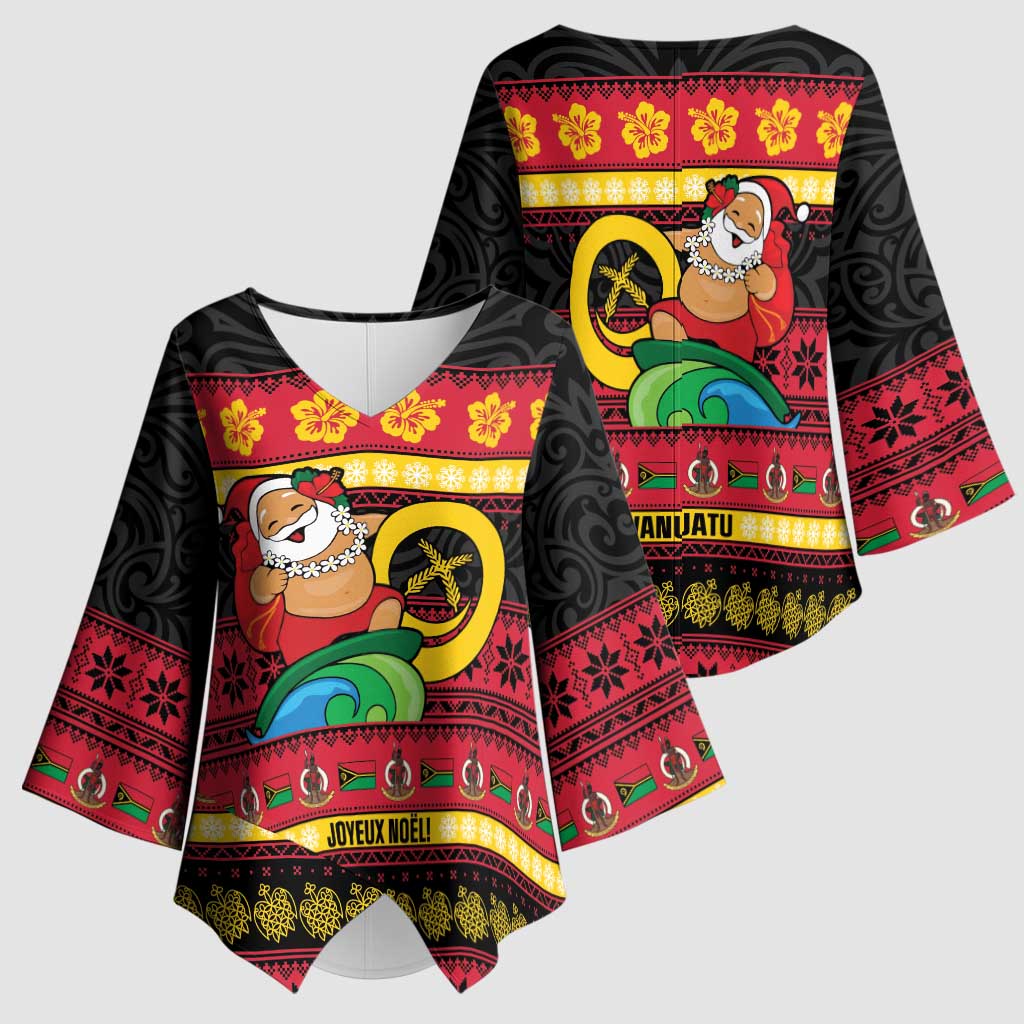 Vanuatu Christmas Kimono Sleeve Blouse Joyeux Noel Surfing Santa With Boar Tusk LT14 - Polynesian Pride