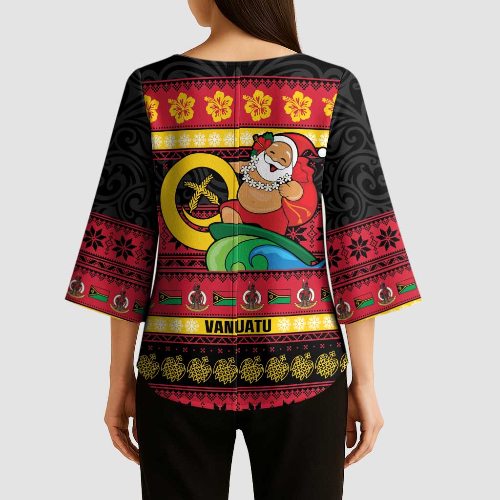 Vanuatu Christmas Kimono Sleeve Blouse Joyeux Noel Surfing Santa With Boar Tusk LT14 - Polynesian Pride