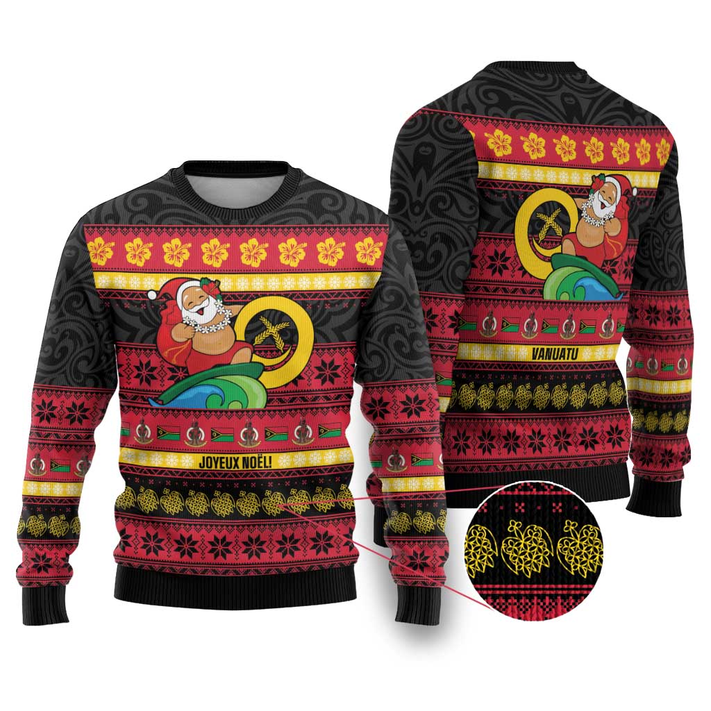 Vanuatu Christmas Ugly Christmas Sweater Joyeux Noel Surfing Santa With Boar Tusk - Polynesian Pride