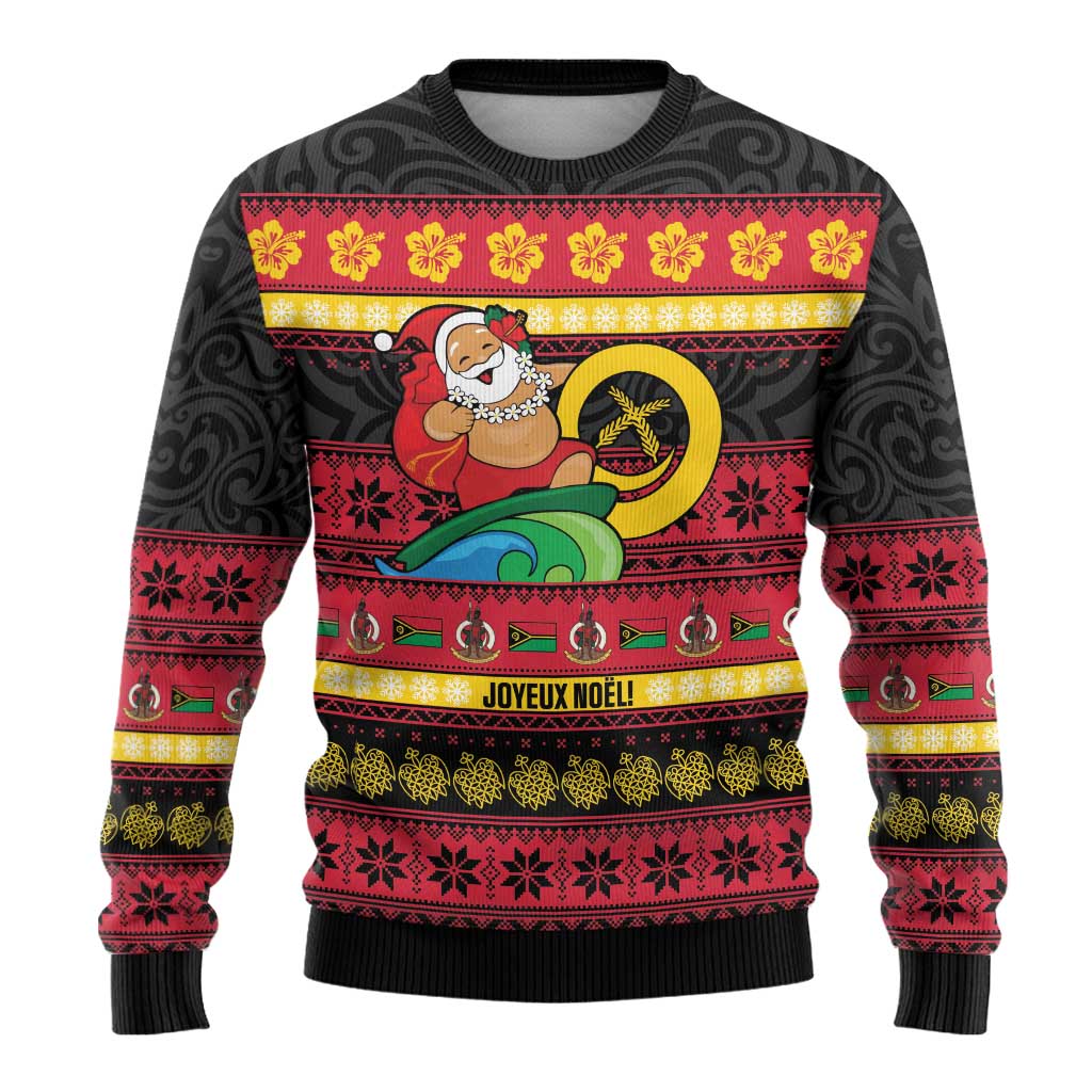 Vanuatu Christmas Ugly Christmas Sweater Joyeux Noel Surfing Santa With Boar Tusk - Polynesian Pride