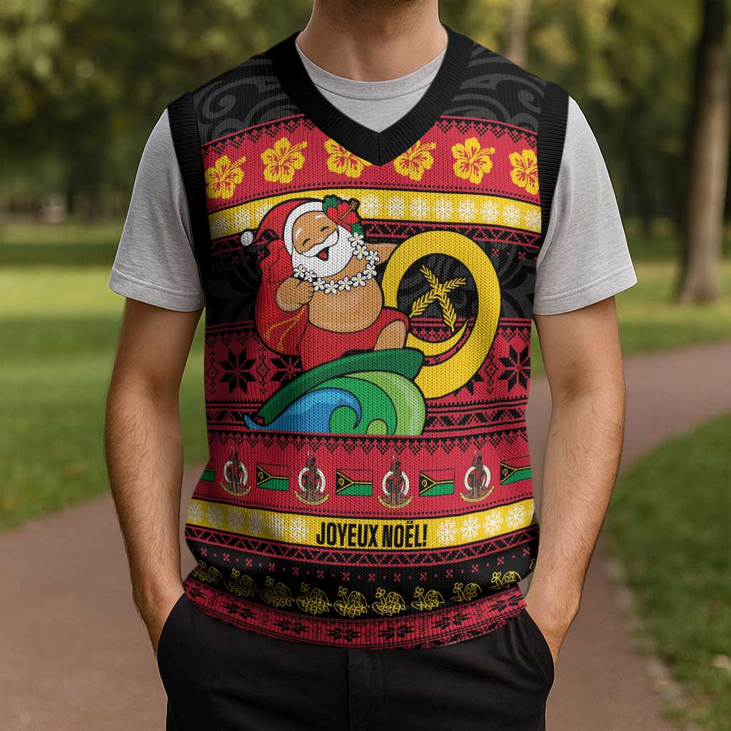 Vanuatu Christmas Knitted V-Neck Vest Joyeux Noel Surfing Santa With Boar Tusk - Polynesian Pride