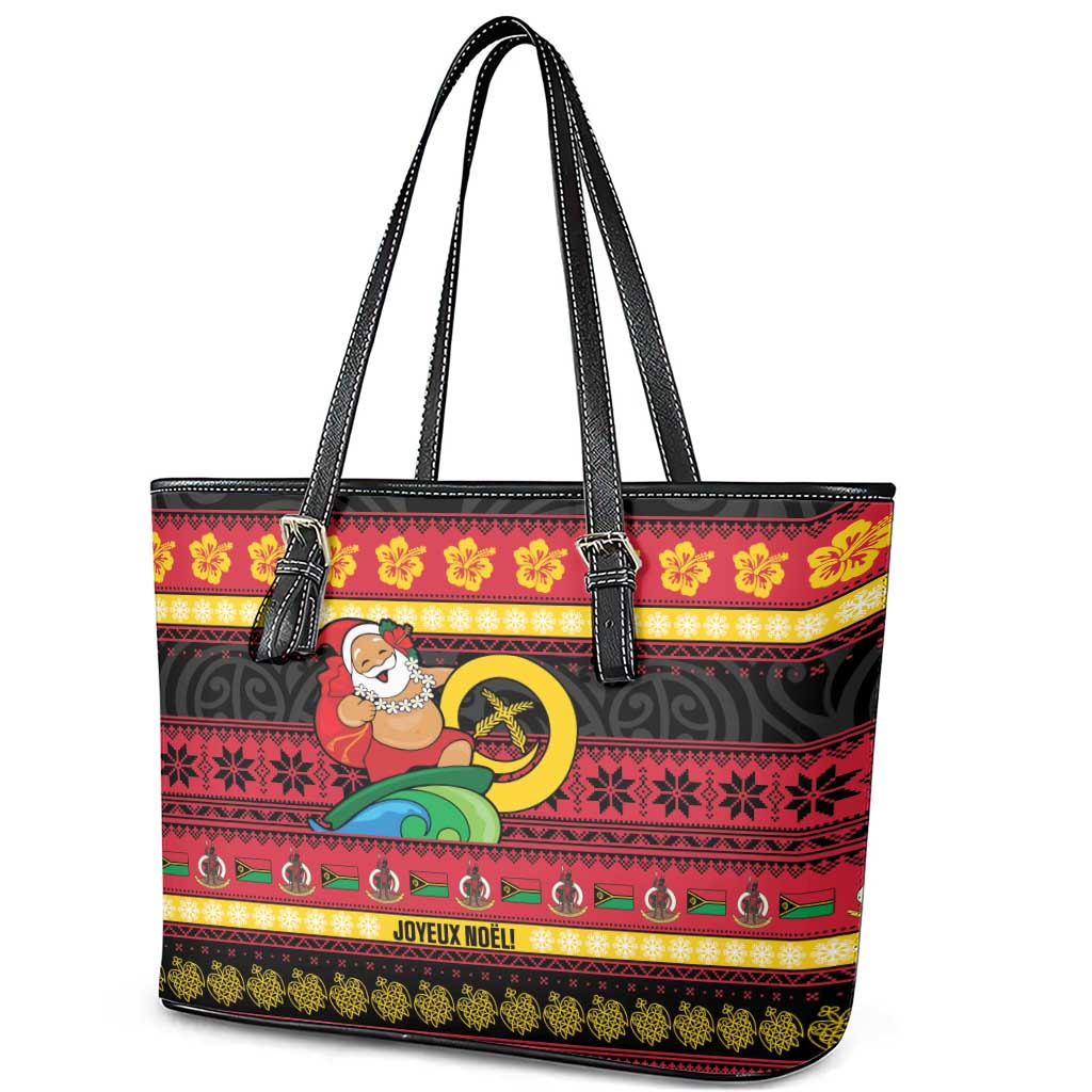 Vanuatu Christmas Leather Tote Bag Joyeux Noel Surfing Santa With Boar Tusk - Polynesian Pride