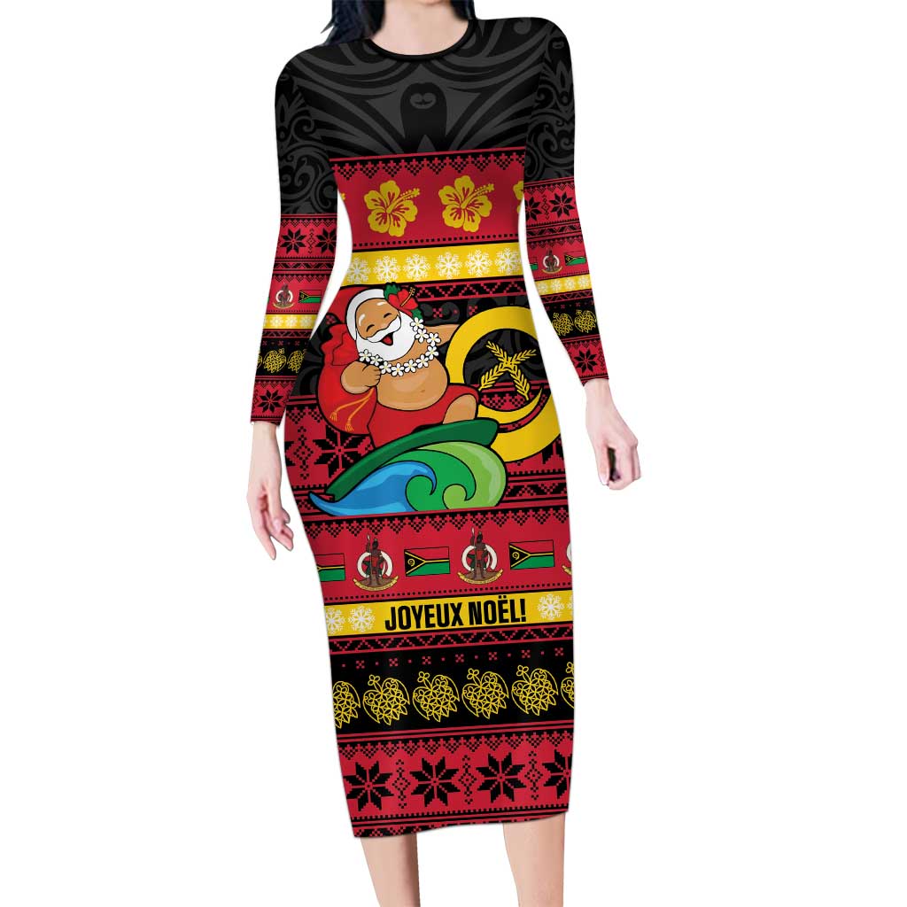 Vanuatu Christmas Long Sleeve Bodycon Dress Joyeux Noel Surfing Santa With Boar Tusk - Polynesian Pride