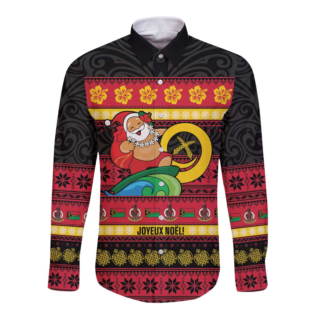 Vanuatu Christmas Long Sleeve Button Shirt Joyeux Noel Surfing Santa With Boar Tusk LT14 Unisex Red - Polynesian Pride