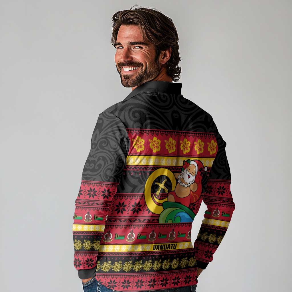 Vanuatu Christmas Long Sleeve Polo Shirt Joyeux Noel Surfing Santa With Boar Tusk - Polynesian Pride