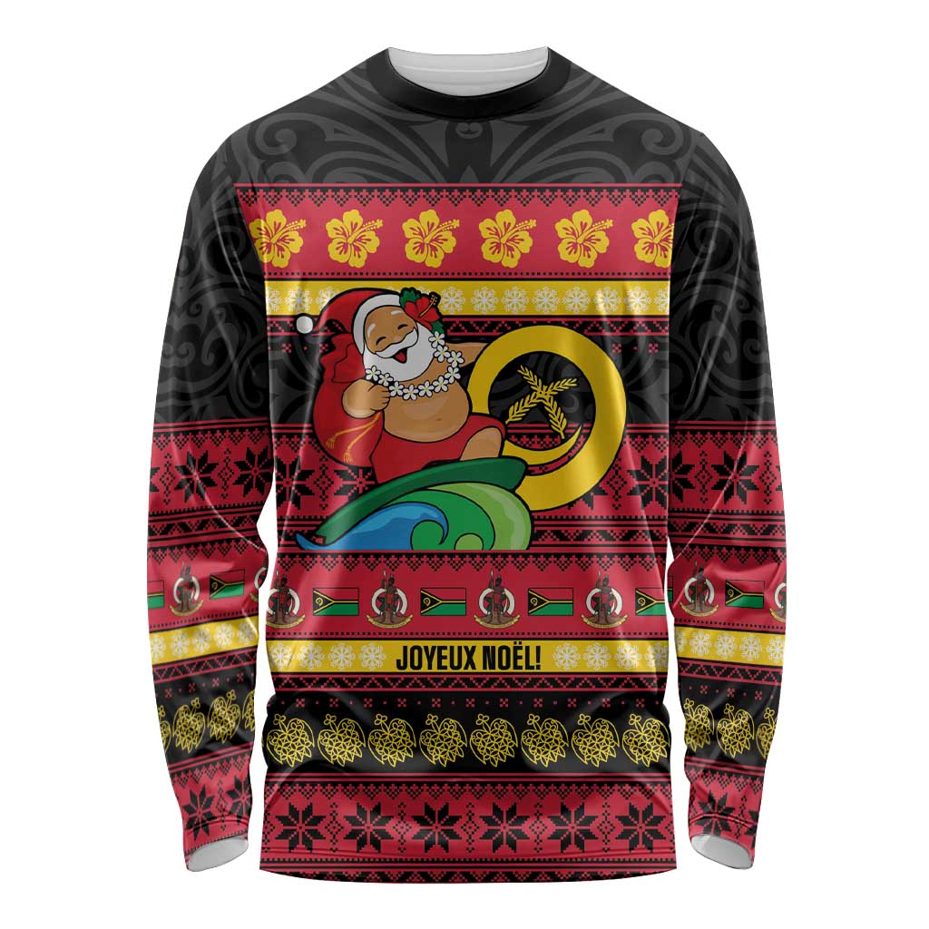 Vanuatu Christmas Long Sleeve Shirt Joyeux Noel Surfing Santa With Boar Tusk LT14 Unisex Red - Polynesian Pride