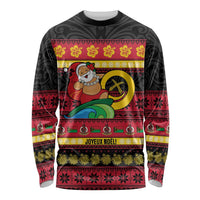 Vanuatu Christmas Long Sleeve Shirt Joyeux Noel Surfing Santa With Boar Tusk LT14 Unisex Red - Polynesian Pride