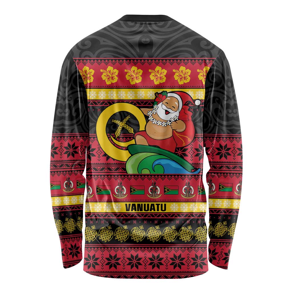Vanuatu Christmas Long Sleeve Shirt Joyeux Noel Surfing Santa With Boar Tusk LT14 - Polynesian Pride