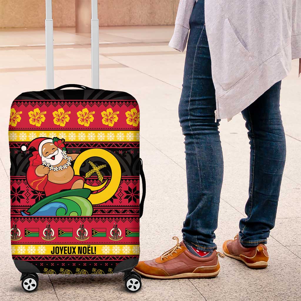 Vanuatu Christmas Luggage Cover Joyeux Noel Surfing Santa With Boar Tusk - Polynesian Pride