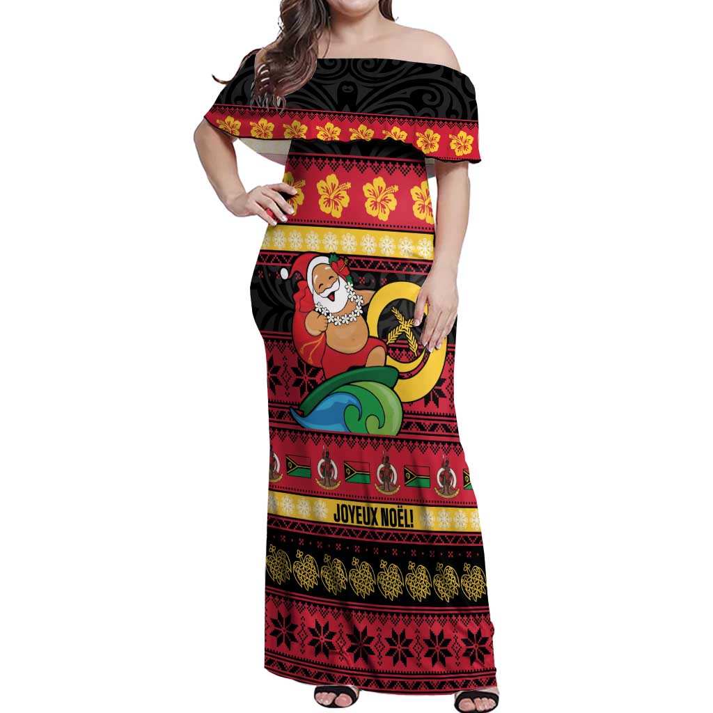 Vanuatu Christmas Off Shoulder Maxi Dress Joyeux Noel Surfing Santa With Boar Tusk - Polynesian Pride