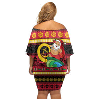 Vanuatu Christmas Off Shoulder Short Dress Joyeux Noel Surfing Santa With Boar Tusk - Polynesian Pride