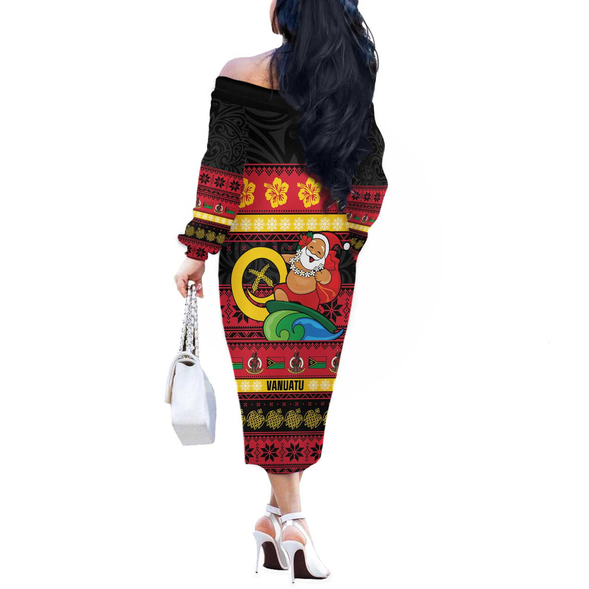 Vanuatu Christmas Off The Shoulder Long Sleeve Dress Joyeux Noel Surfing Santa With Boar Tusk - Polynesian Pride