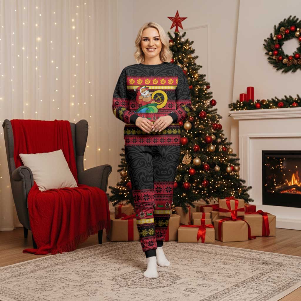 Vanuatu Christmas Pajama Set Joyeux Noel Surfing Santa With Boar Tusk - Polynesian Pride