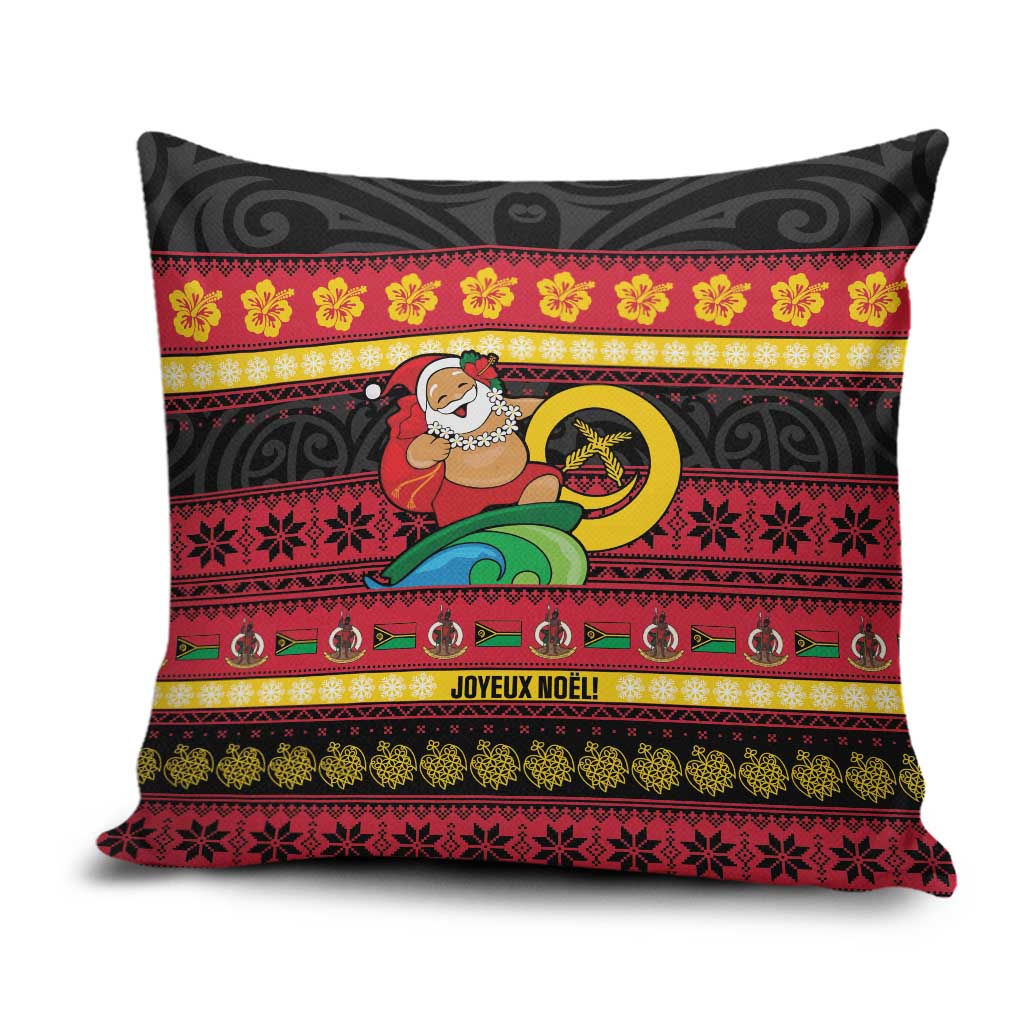 Vanuatu Christmas Pillow Cover Joyeux Noel Surfing Santa With Boar Tusk - Polynesian Pride