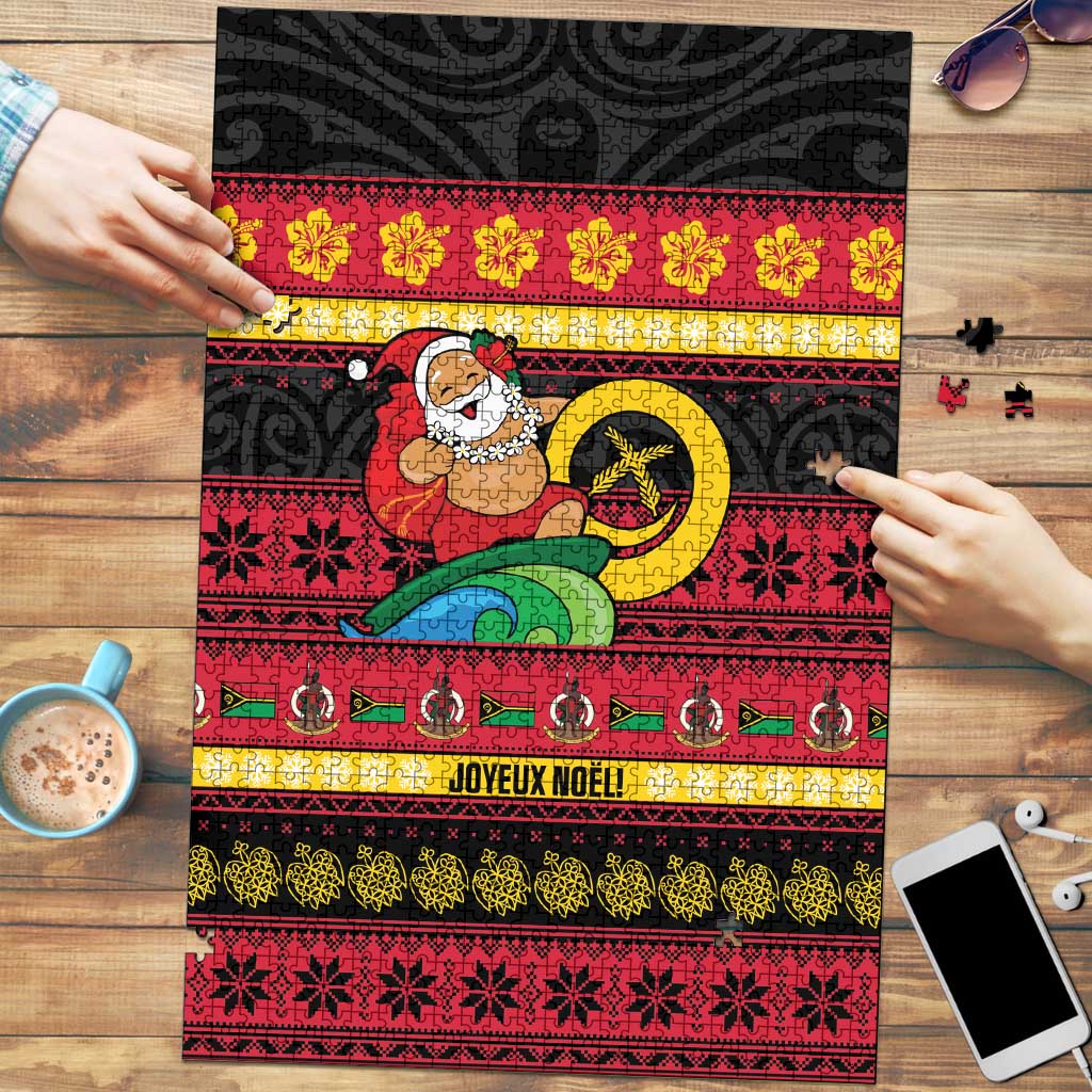 Vanuatu Christmas Puzzle Joyeux Noel Surfing Santa With Boar Tusk LT14 Red - Polynesian Pride